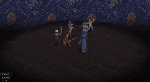 three anime characters are standing next to each other in front of a dark background that says real start