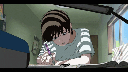 a girl in a striped shirt is writing on a piece of paper with a purple pen