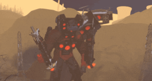 a robot with red eyes is holding a rifle
