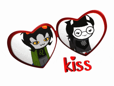 a couple of cartoon characters in hearts with the word kiss below them
