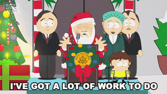 a group of south park characters standing around santa claus