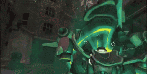 a green and yellow glowing object is moving through a city street