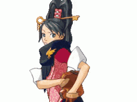 a girl with a key in her hair is holding a brown bag