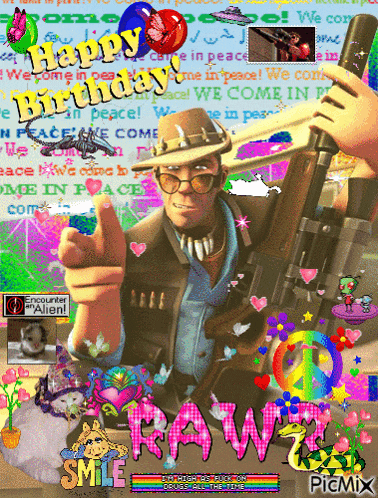 a birthday card with a man holding a gun and the words happy birthday rawr