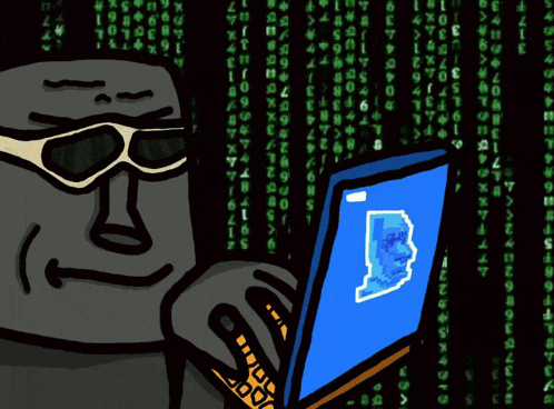 a cartoon of a man wearing sunglasses looking at a laptop screen