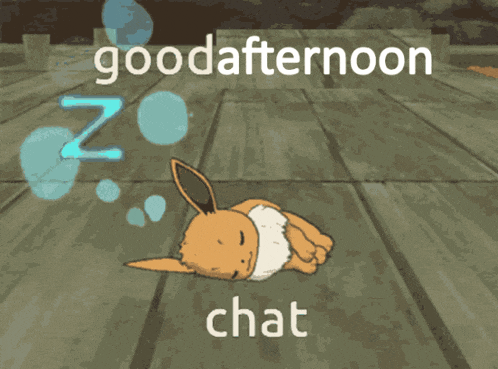 an eevee laying on the ground with the words goodafternoon chat
