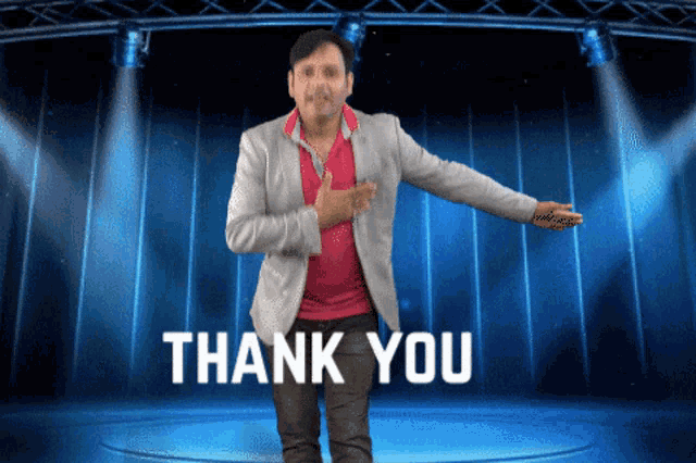 a man is dancing on a stage with the words thank you written below him