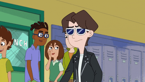 a group of cartoon characters are standing in front of lockers with the word nch above them