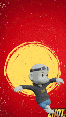 a cartoon character wearing a zhot shirt stands in front of a red background