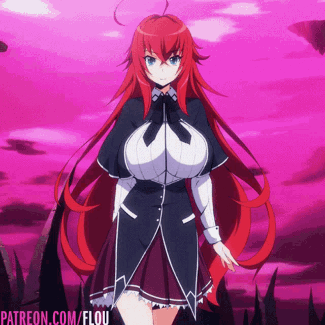 a girl with red hair is standing in front of a pink background with the words patreon.com/flou on the bottom