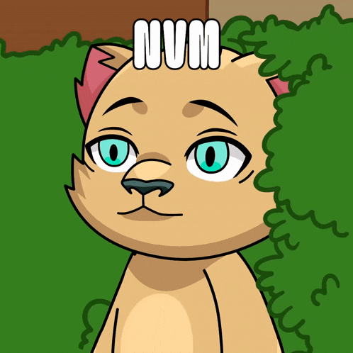 a cartoon cat with blue eyes has the word num on its head
