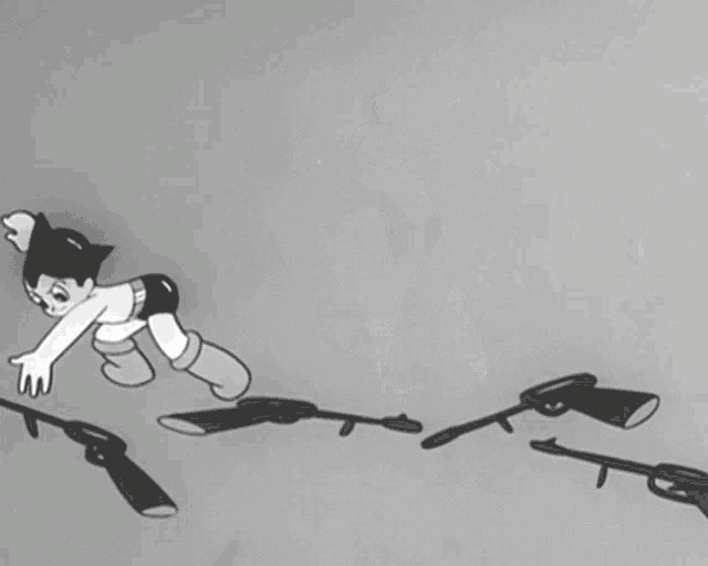 a black and white cartoon character is holding a rifle
