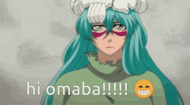 a cartoon character with blue hair and a smiley face says hi omaba