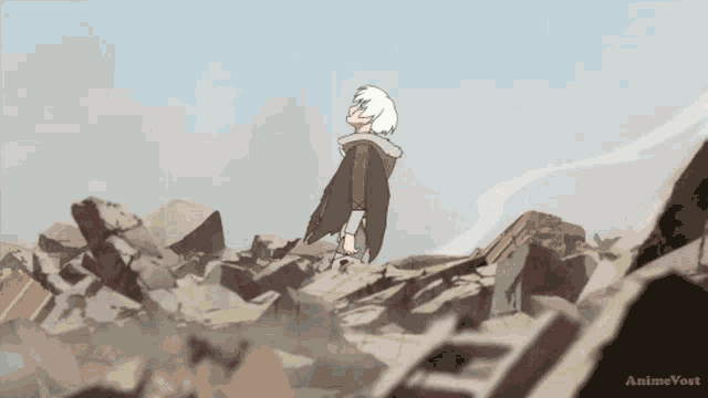 a cartoon of a person standing in a pile of rocks .