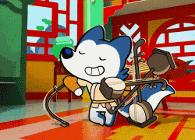 a cartoon of a dog playing a musical instrument in a room