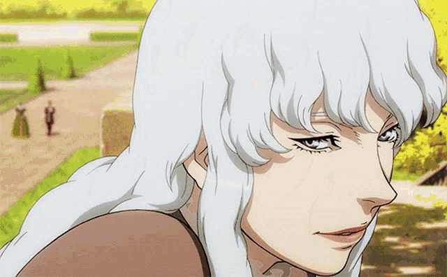 a cartoon character with white hair and blue eyes smiles