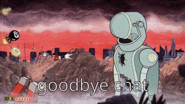a cartoon of a robot saying goodbye chat in a video game