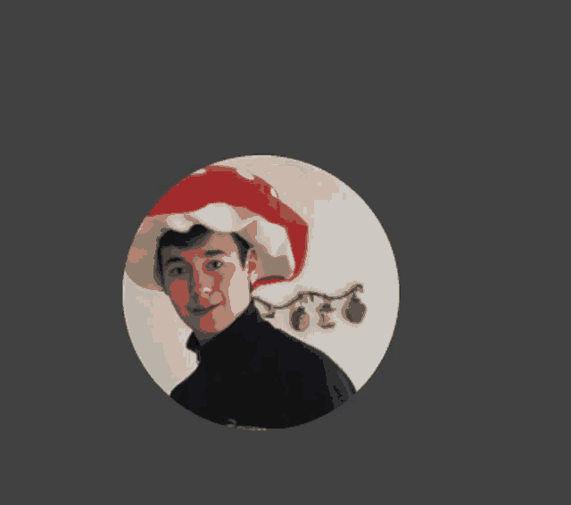 a young man wearing a red and white mushroom hat in a circle