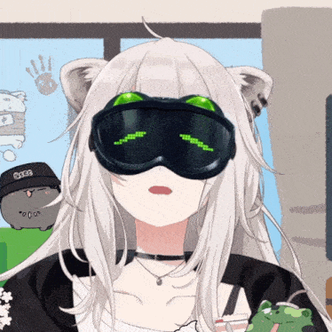 a white haired anime girl wearing a pair of goggles with a green eye