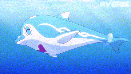 a blue and white dolphin is swimming in the ocean with the word averis written on the bottom