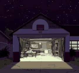 a cartoon drawing of a garage with a basketball hoop in it