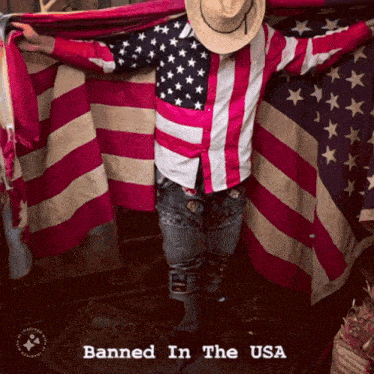 a man in a cowboy hat is standing in front of an american flag with the words banned in the usa below him