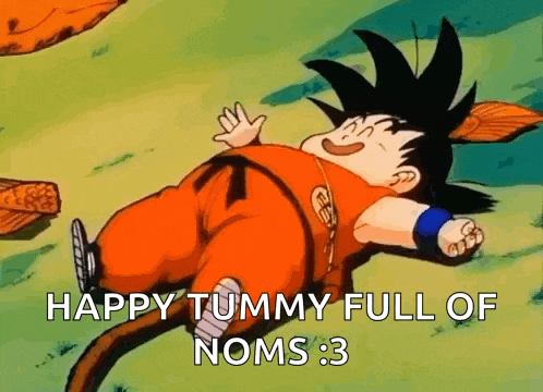 a cartoon character is laying on the ground with the words `` happy tummy full of noms : 3 '' written on it .