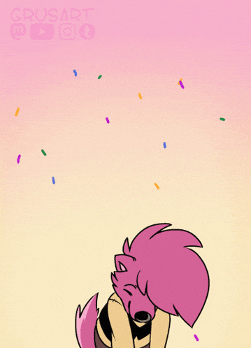 a cartoon drawing of a pink furry character with his arms outstretched and confetti falling around him