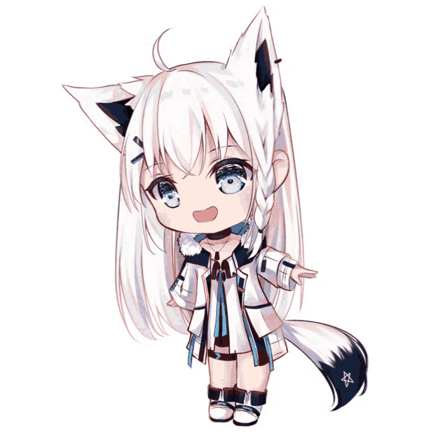 a chibi drawing of a girl with white hair and a black tail
