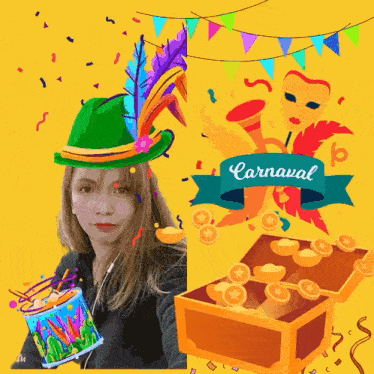a woman is wearing a green hat and holding a drum with a banner that says carnaval on it