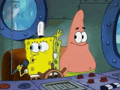 a cartoon of spongebob and patrick on a boat with a microphone