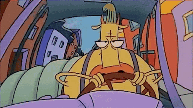 a cartoon character is driving a car with a rope around his neck