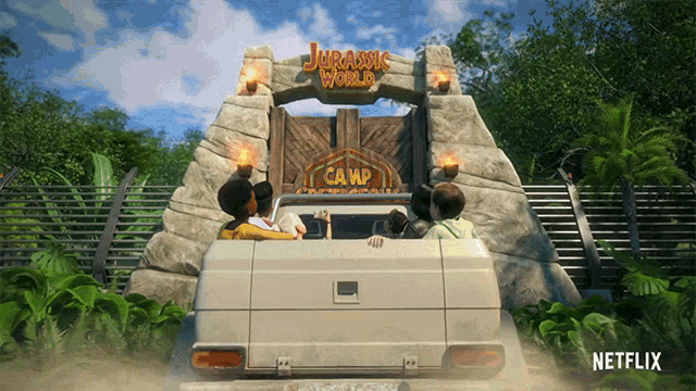 a netflix ad for jurassic world shows a car driving through a gate