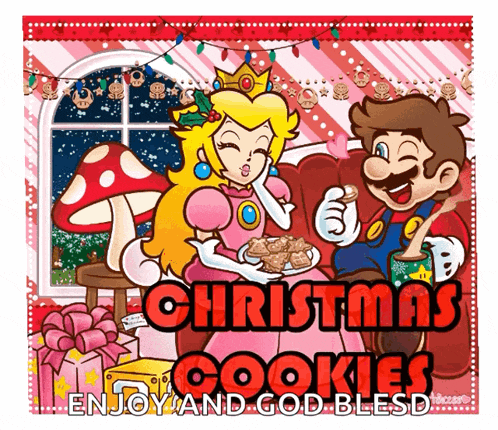 a poster with mario and princess peach says christmas cookies enjoy and god blessd