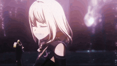 a girl with blonde hair is standing in front of a purple background in a dark room .