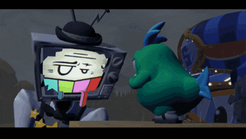 a cartoon drawing of a monster talking to a television