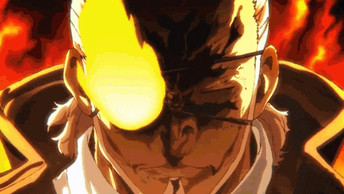 a close up of a man 's face with a fireball in his eye .