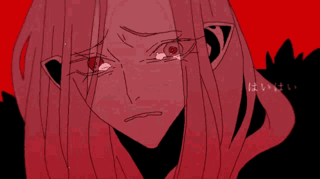 a drawing of a girl with red eyes and a black background