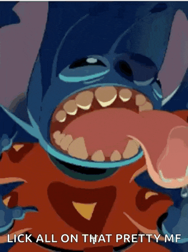a cartoon of stitch with his tongue hanging out and the caption lick all on that pretty me