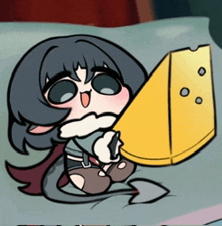 a cartoon of a girl holding a slice of cheese