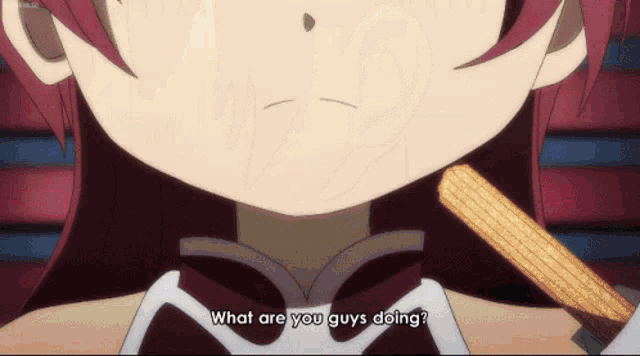 a close up of a girl 's face with the words what are you guys doing below her
