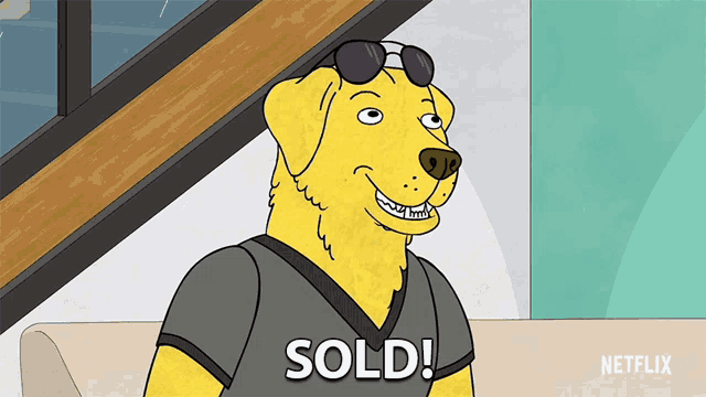 a cartoon dog wearing sunglasses and a shirt that says sold on it