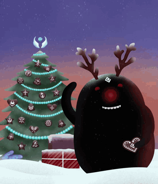 an illustration of a christmas tree and a monster with antlers