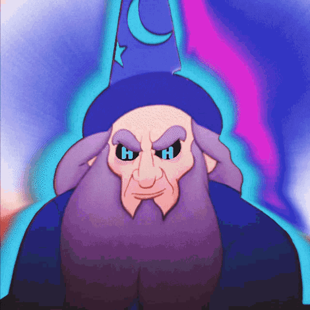 a cartoon wizard with a beard and a blue hat with a crescent moon on it