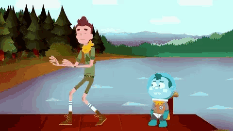 a cartoon of a boy scout standing on a dock next to a blue robot .