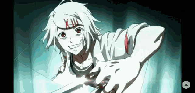 a white anime character with red eyes is holding a knife in his hand .