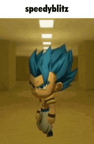 a cartoon character with blue hair is walking in a hallway with the words `` speedyblitz '' above him .