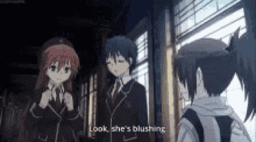 a group of anime characters are standing next to each other and talking .