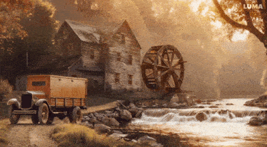 a truck is driving down a dirt road next to a water wheel and a house