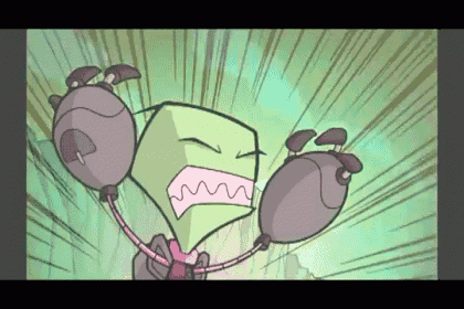 a cartoon character with a green head and a purple arm